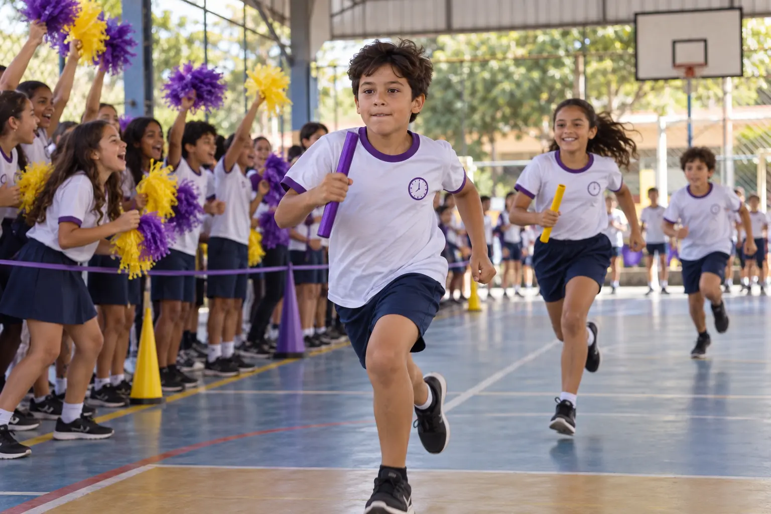 Alunos em corrida de revezamento nos Jogos Internos