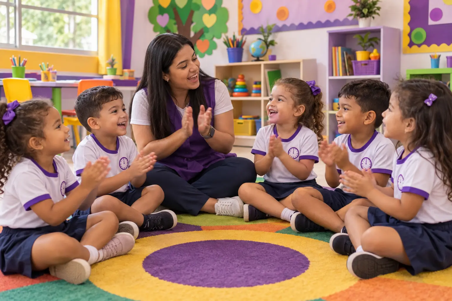 Professora cantando em roda com crianças da Educação Infantil