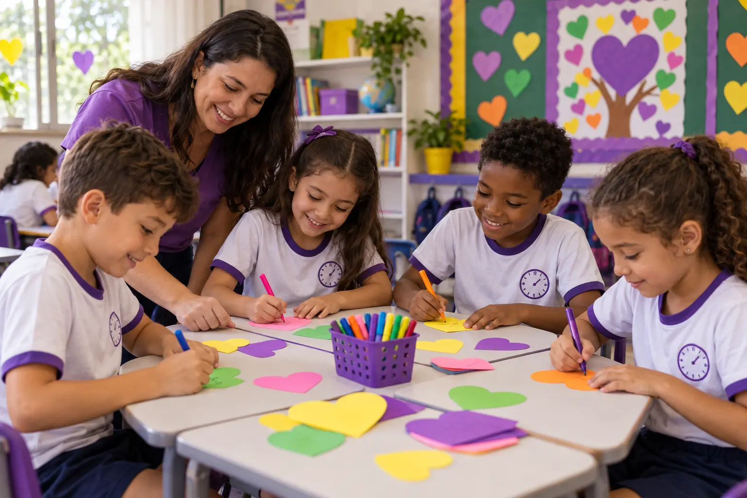 Alunos escrevendo mensagens de carinho em corações de papel